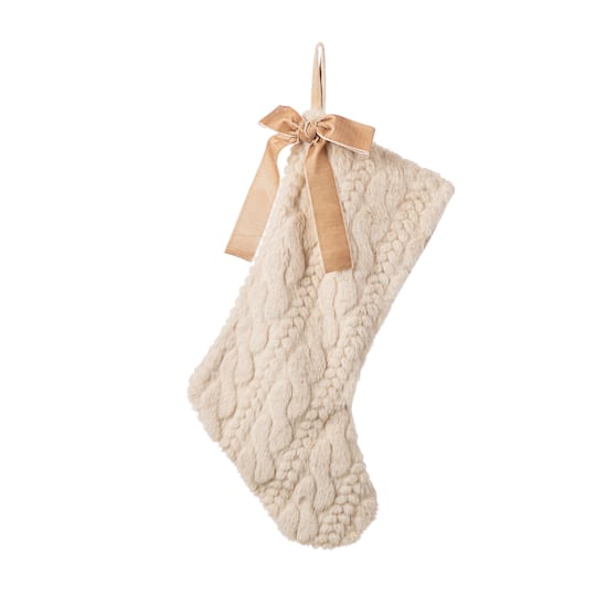 Glitzhome® 21"L Milk Coffee Twisted Faux Marten Fur Christmas Stocking with Bow